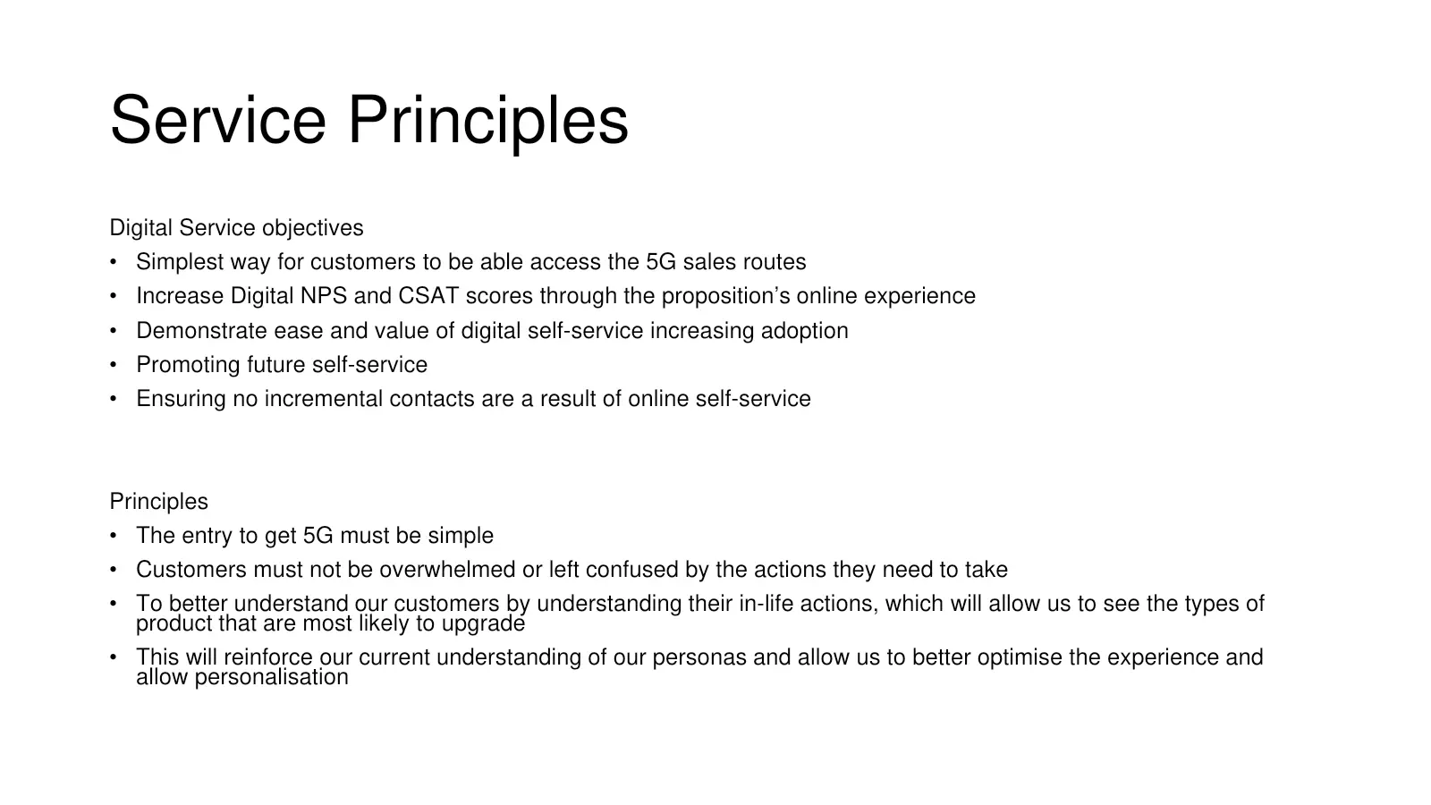 My BT 5G digital service objectives and experience principles
