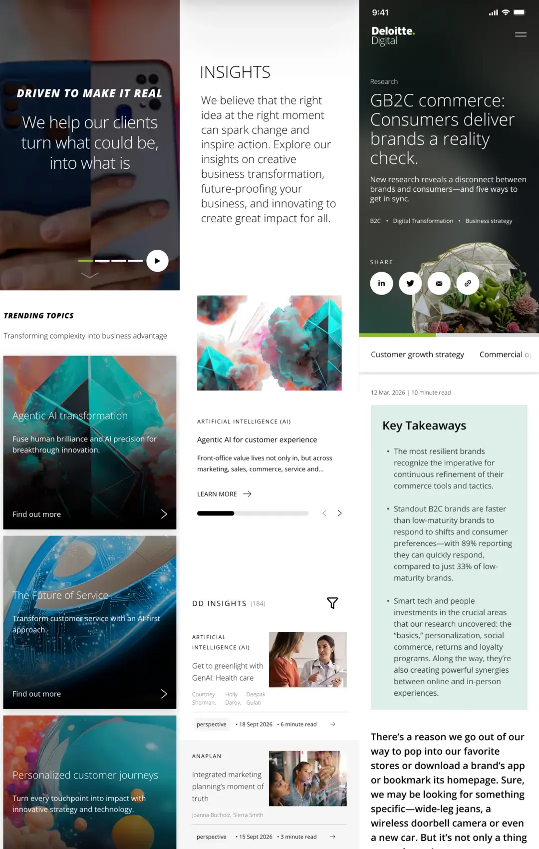 Mobile versions of the Deloitte Digital homepage, insights library and long-form research template