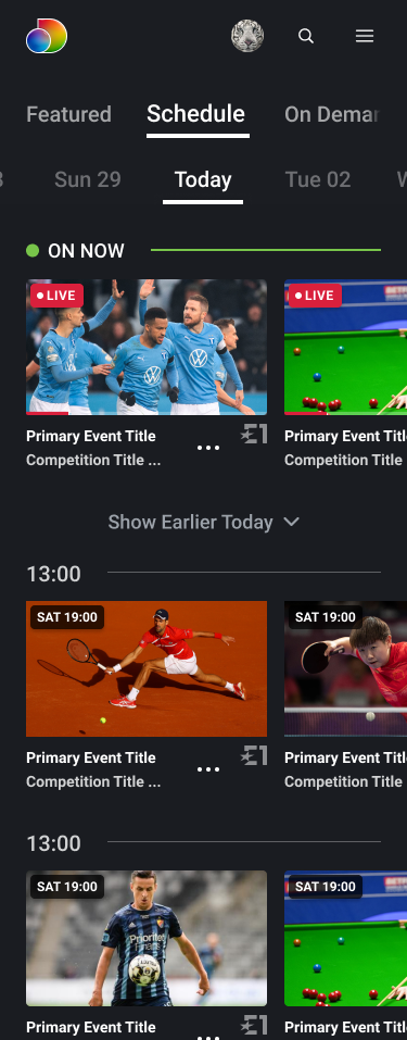 Final discovery+ mobile schedule with featured programmes and time-based content rows