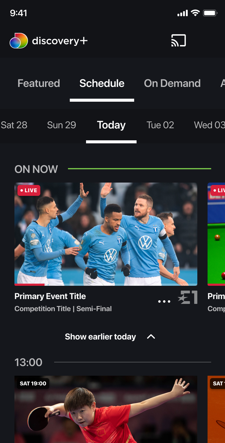 Extended discovery+ mobile schedule page showing live and upcoming sports programming