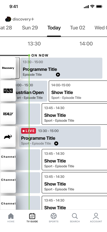 Mobile EPG wireframe showing schedule navigation and multiple channel rows