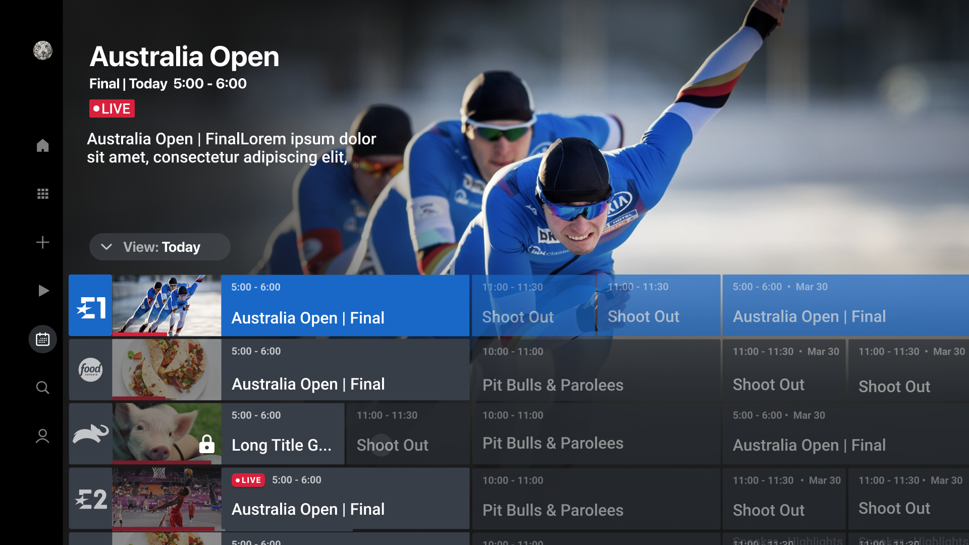 Final discovery+ sports EPG with a featured event header and programme grid