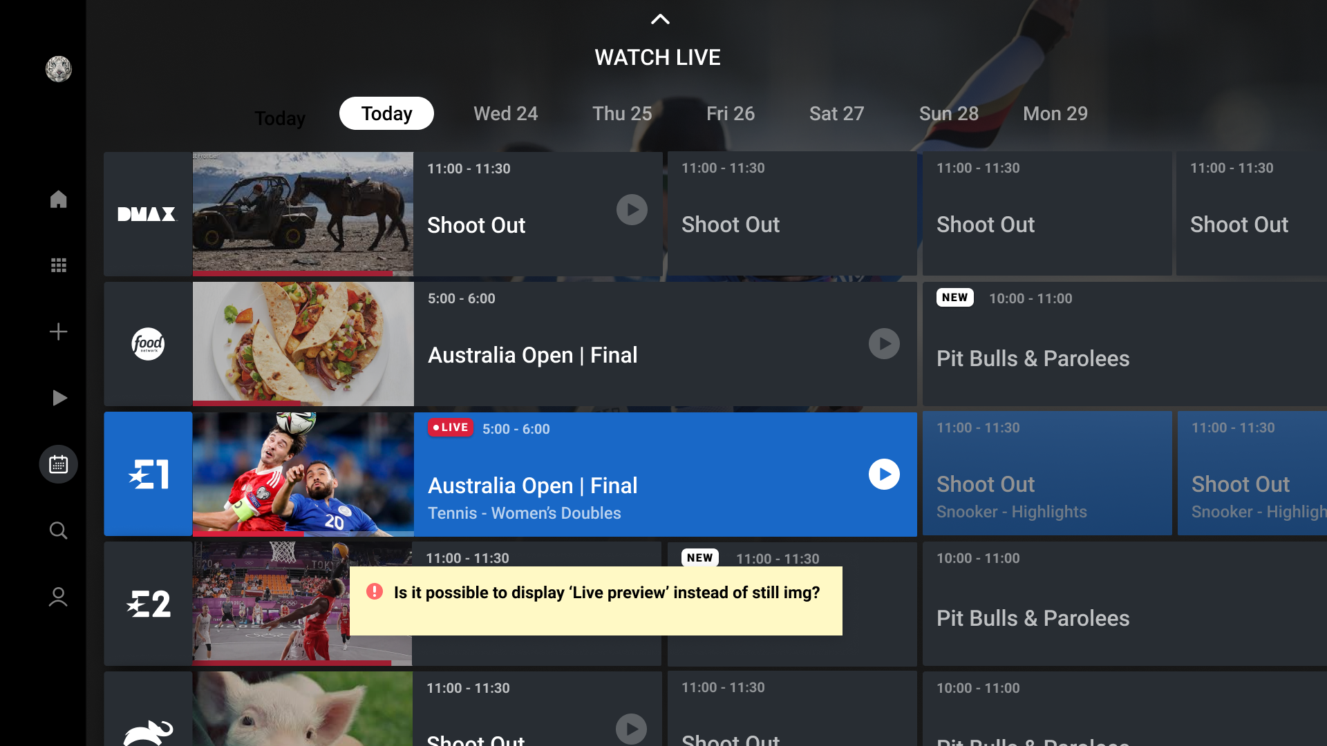 Final discovery+ sports EPG grid with highlighted programme focus and channel rows
