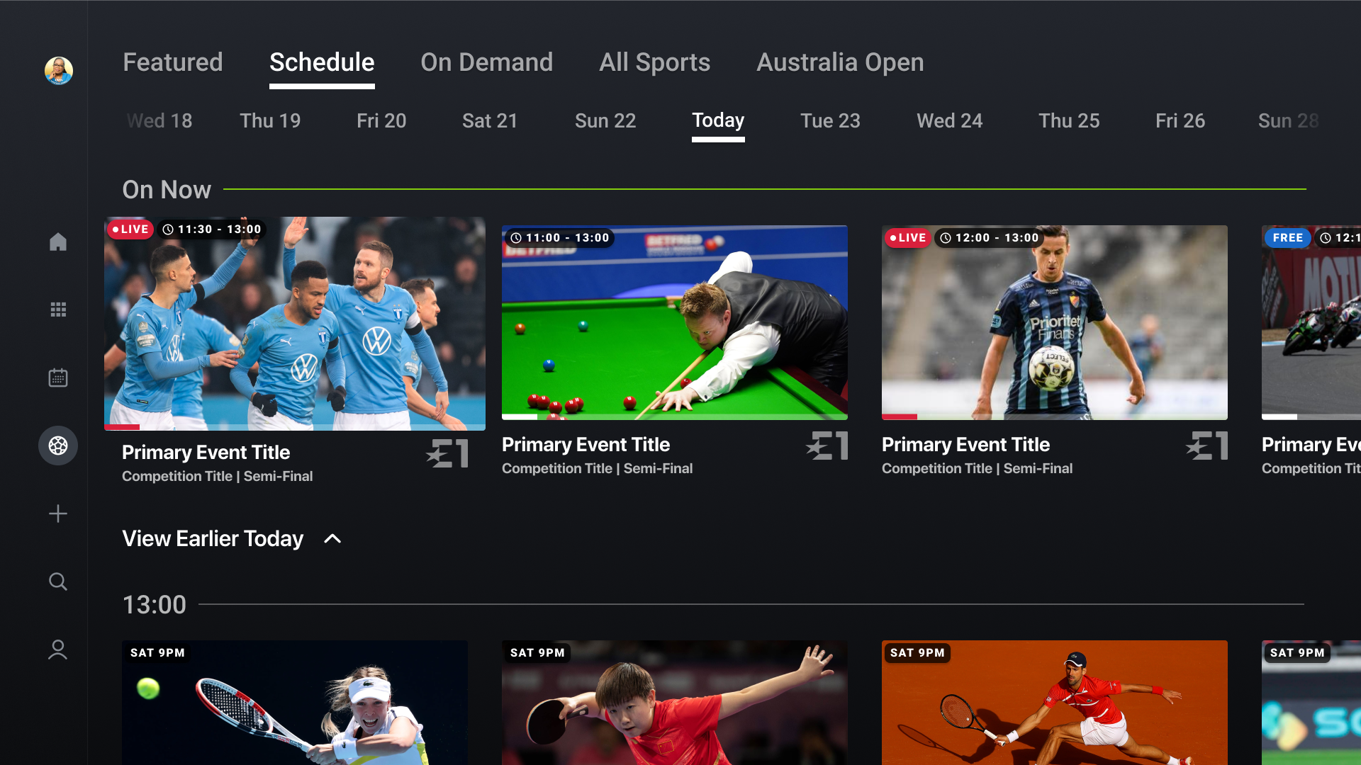 Final discovery+ sports schedule with live content imagery, time-based rows and cross-sport navigation