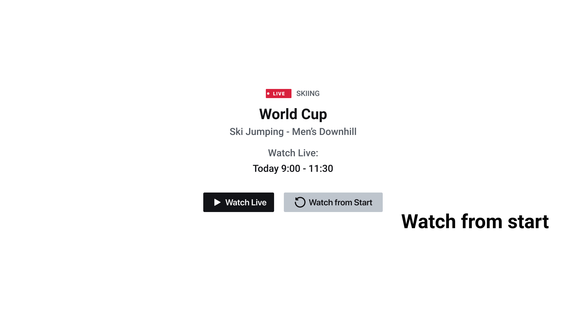Discovery+ live-event page with watch live and watch from start actions