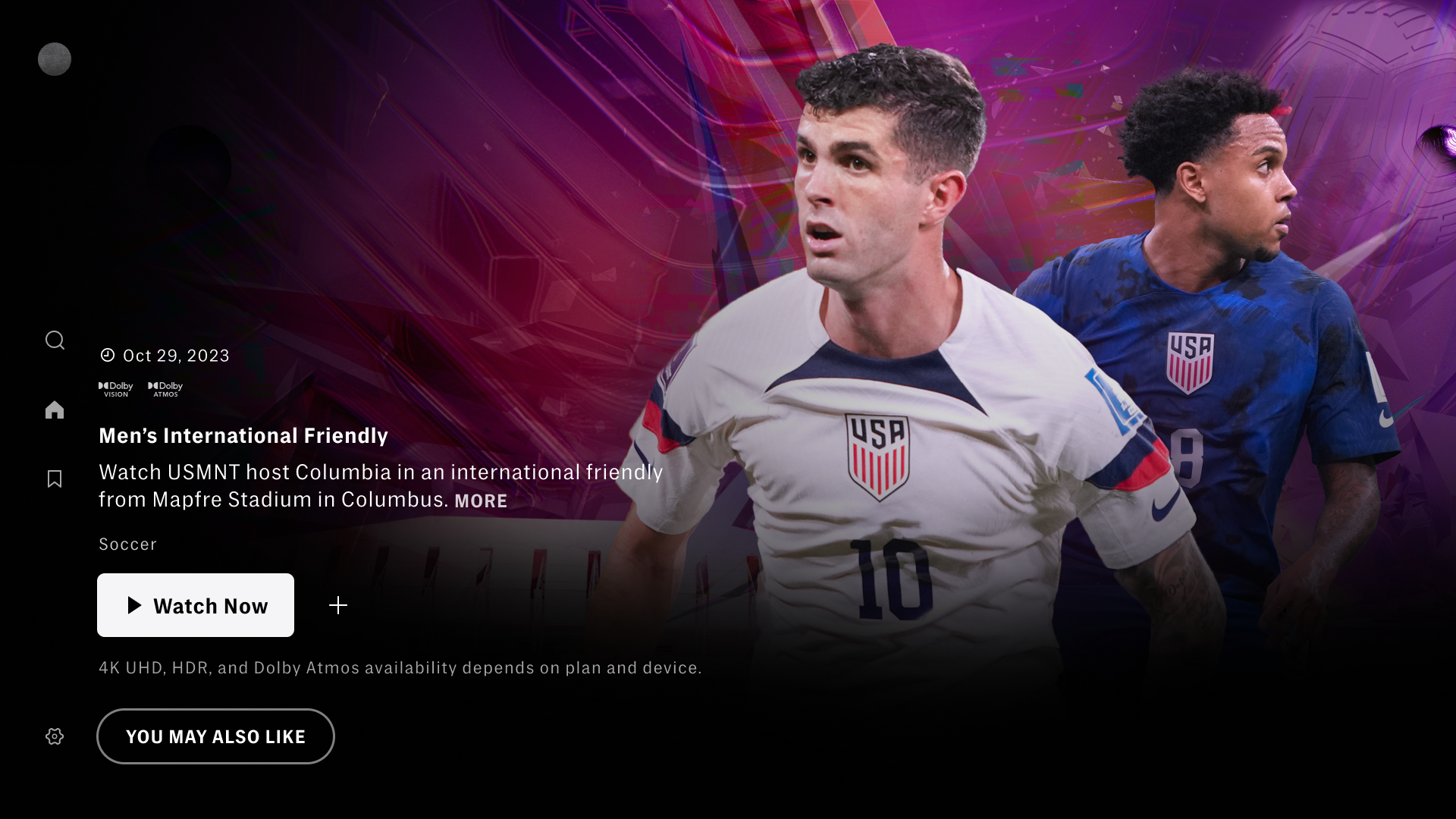 Desktop sports event-detail page with event metadata, Watch Now and save-to-list controls