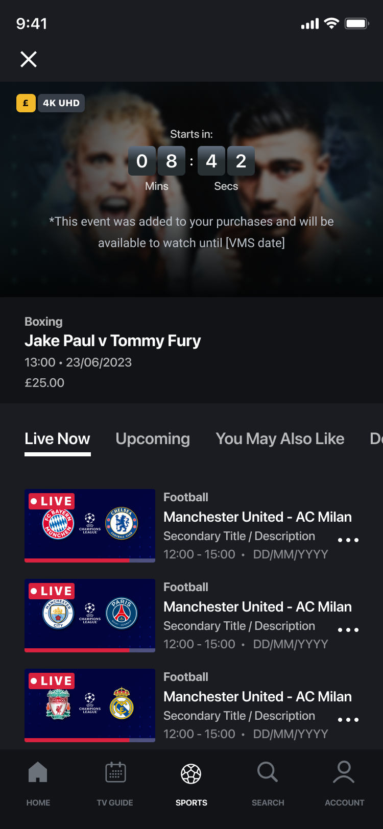 Mobile event page showing a stream selector for available coverage
