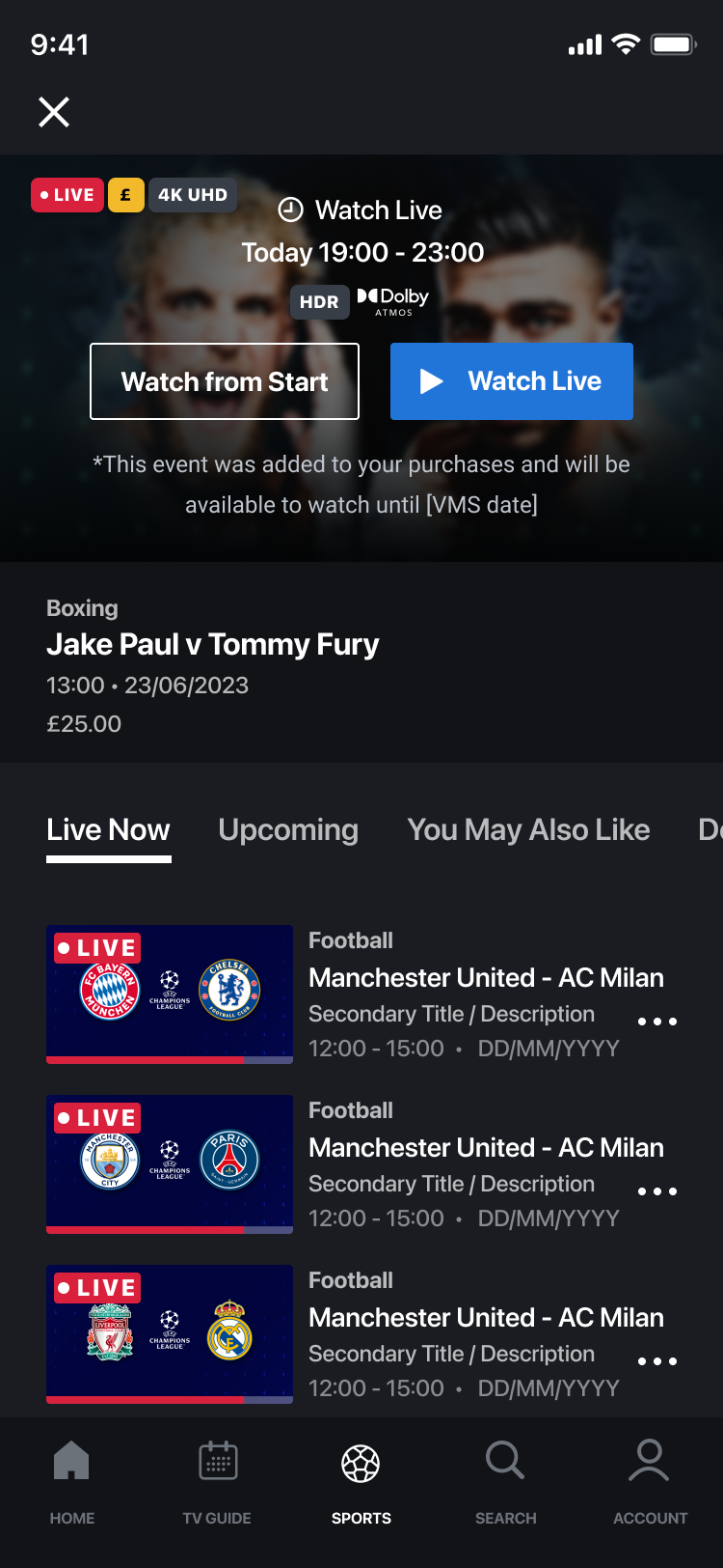 Mobile event page showing watch-from-start and watch-live actions