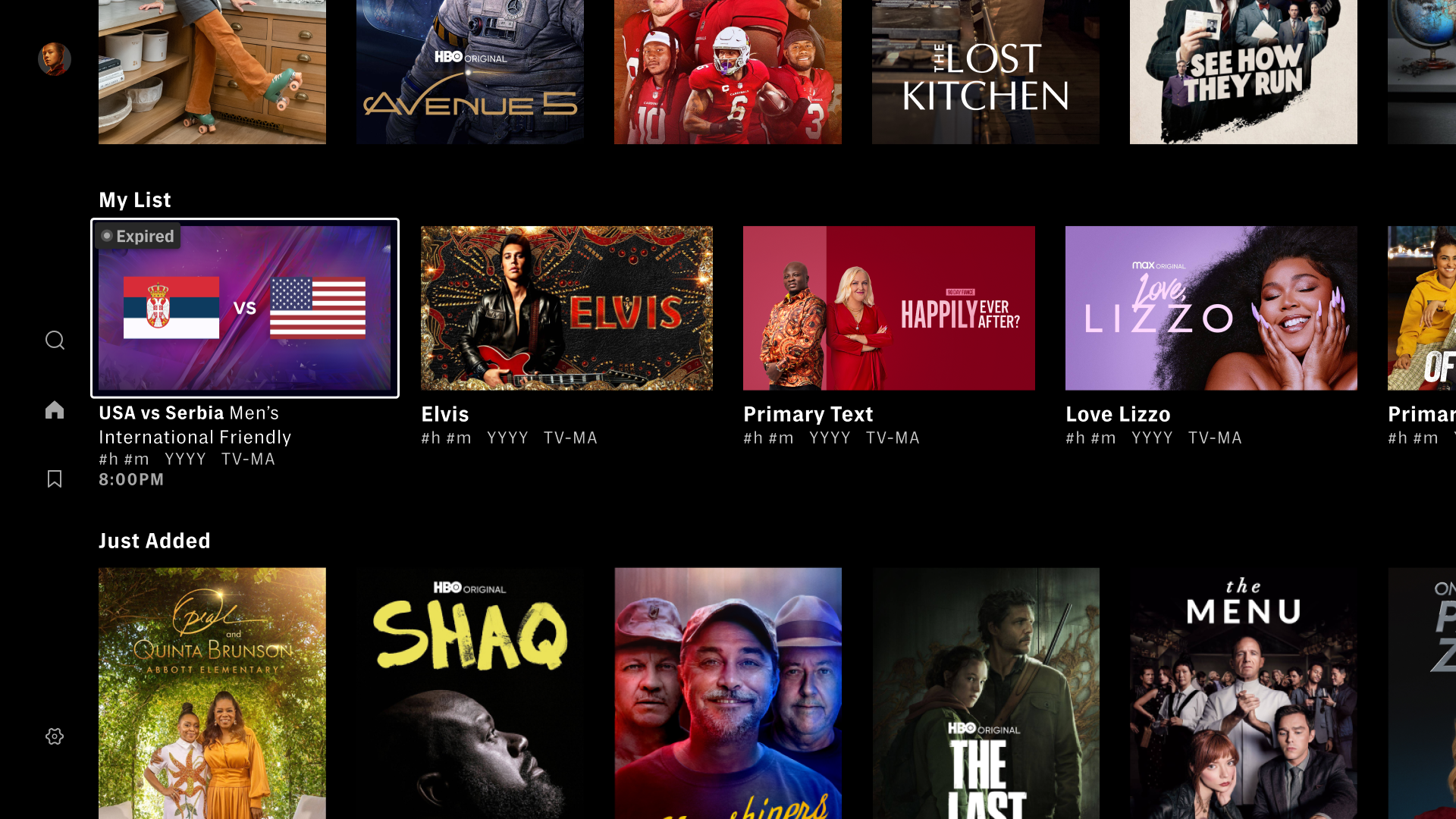 HBO Max My List showing a saved international sports event alongside entertainment content