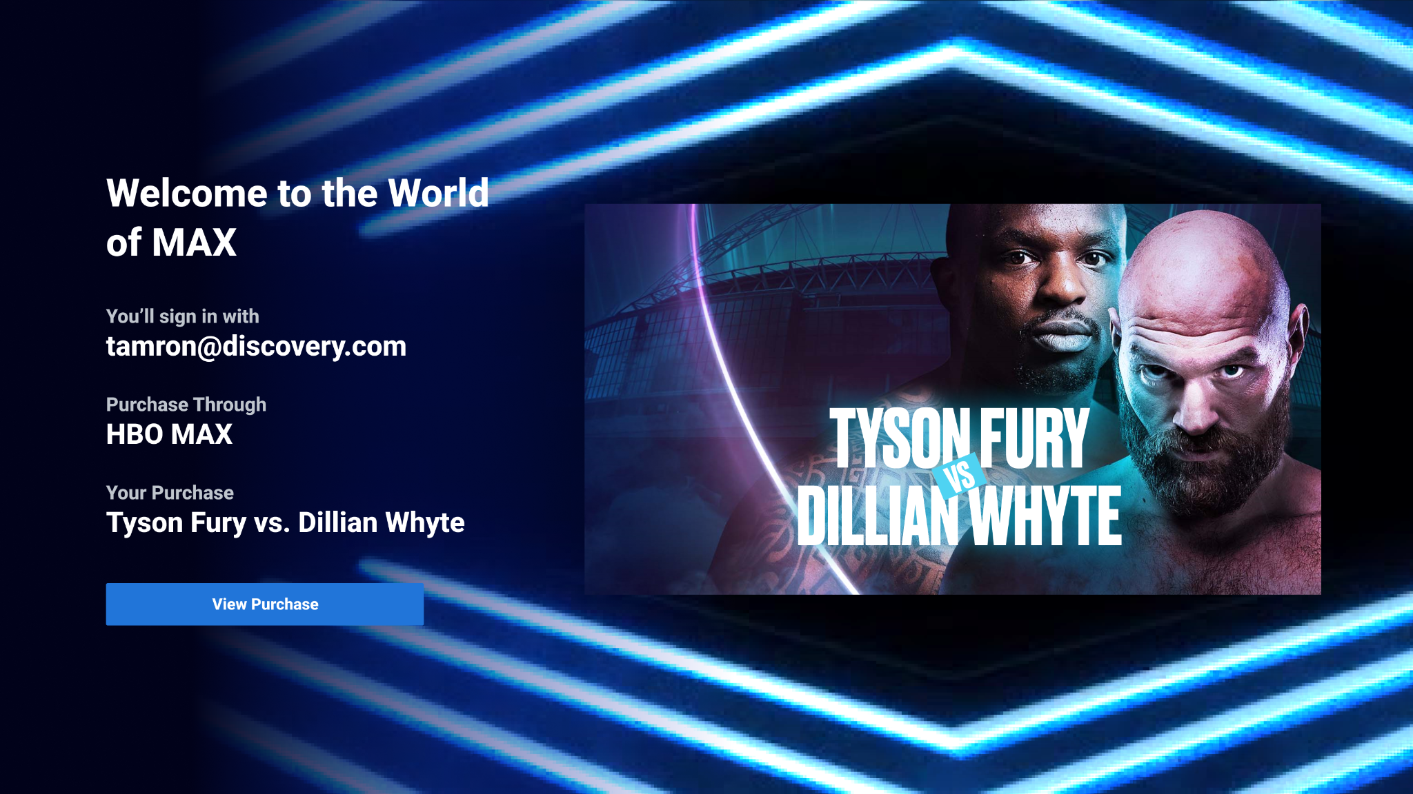 Desktop HBO Max pay-per-view purchase confirmation for a live boxing event