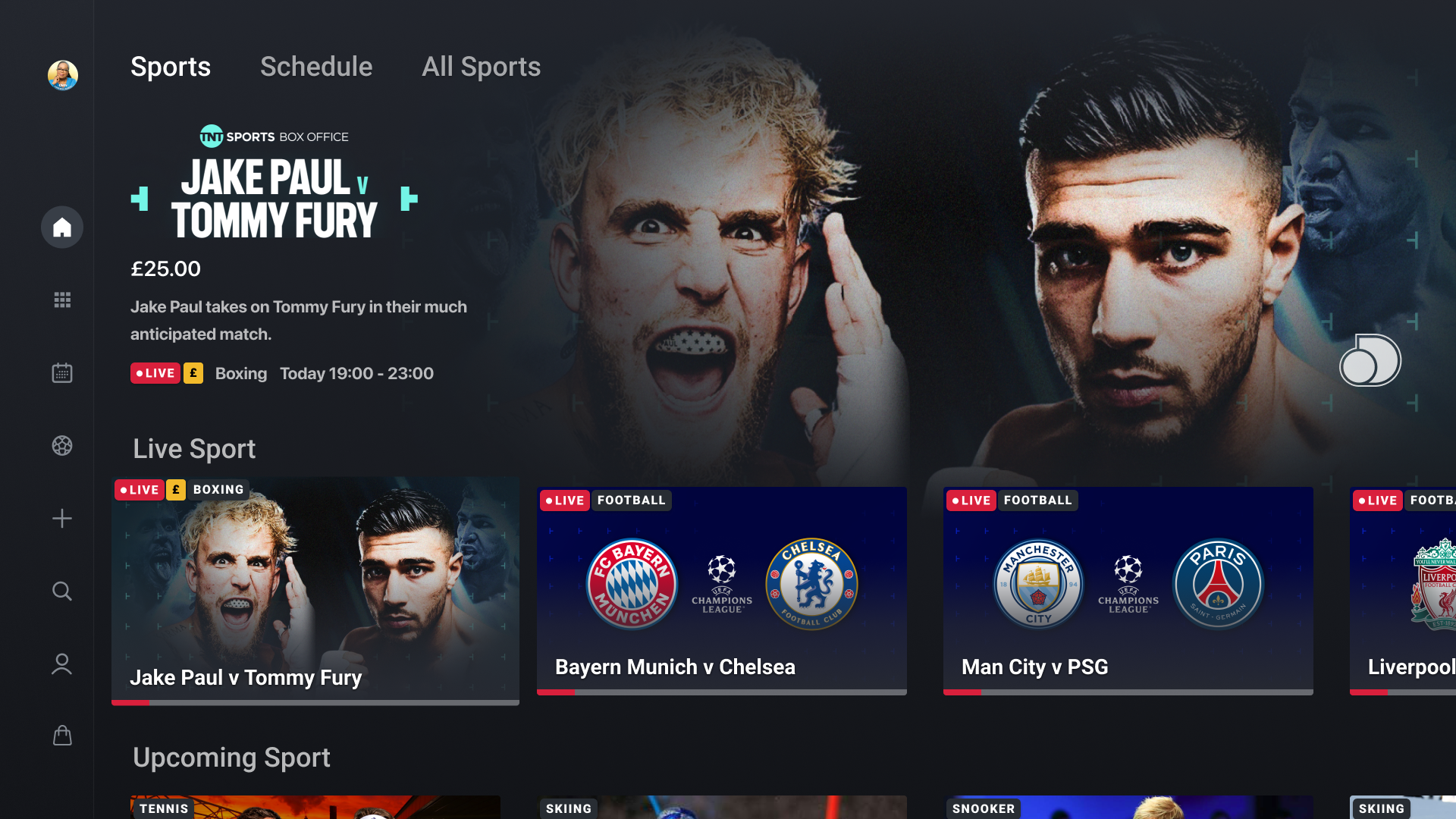 Final HBO Max sports homepage on desktop with a pay-per-view event hero and live-sport rails