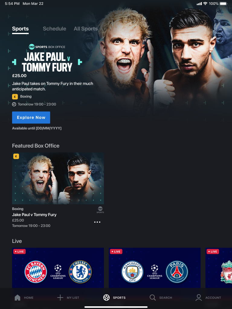 Final HBO Max sports homepage adapted for tablet