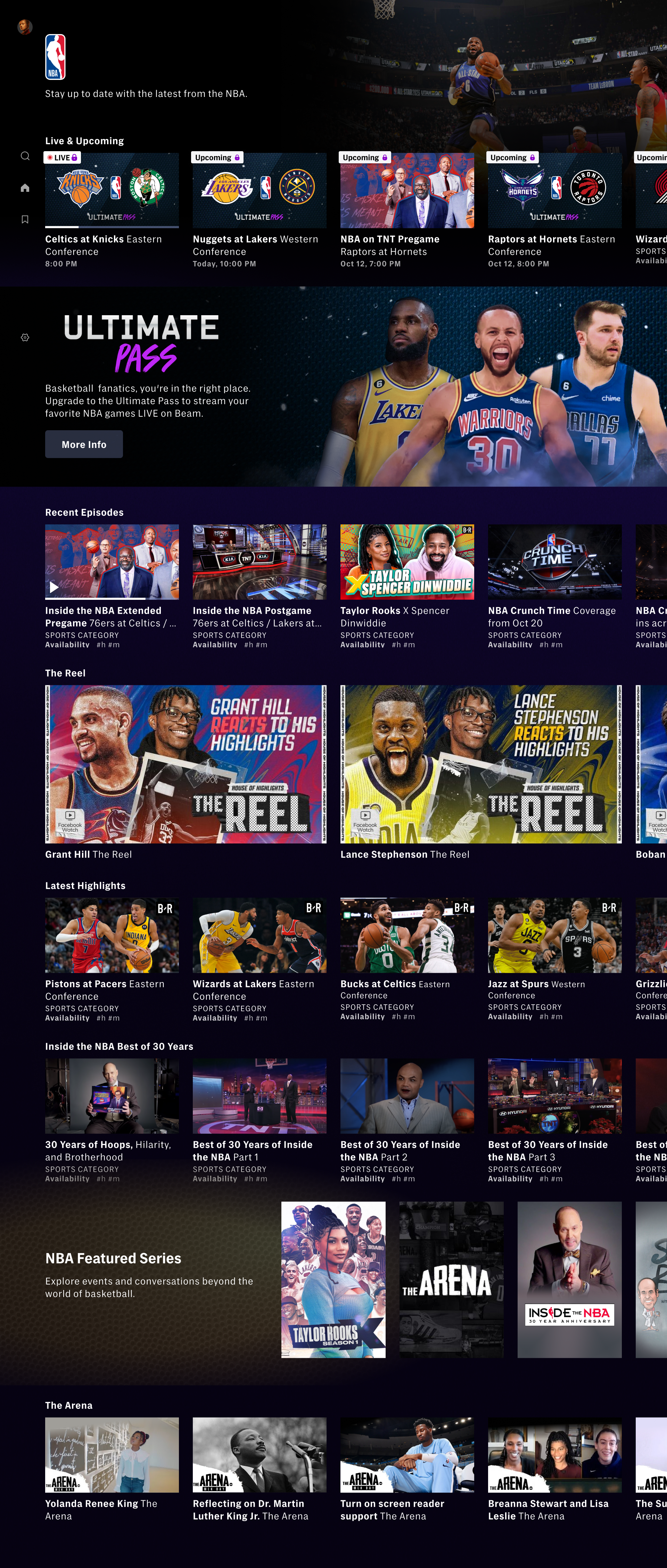 HBO Max NBA sports destination with live and upcoming events, Ultimate Pass promotion, highlights and editorial series